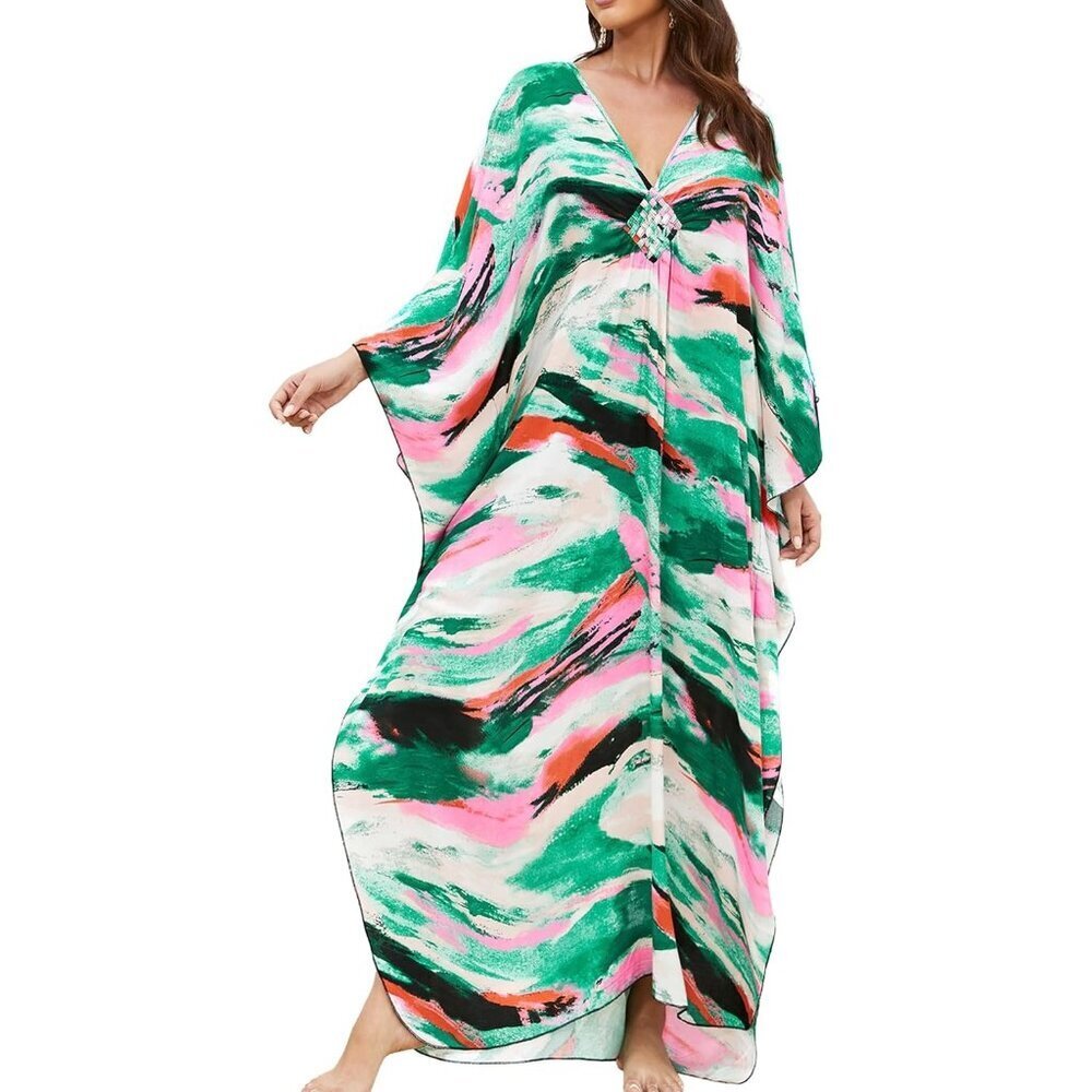Women Green Graffiti V-neck Batwing Sleeve Flowy Split Hem Bohemian Kaftan Dress